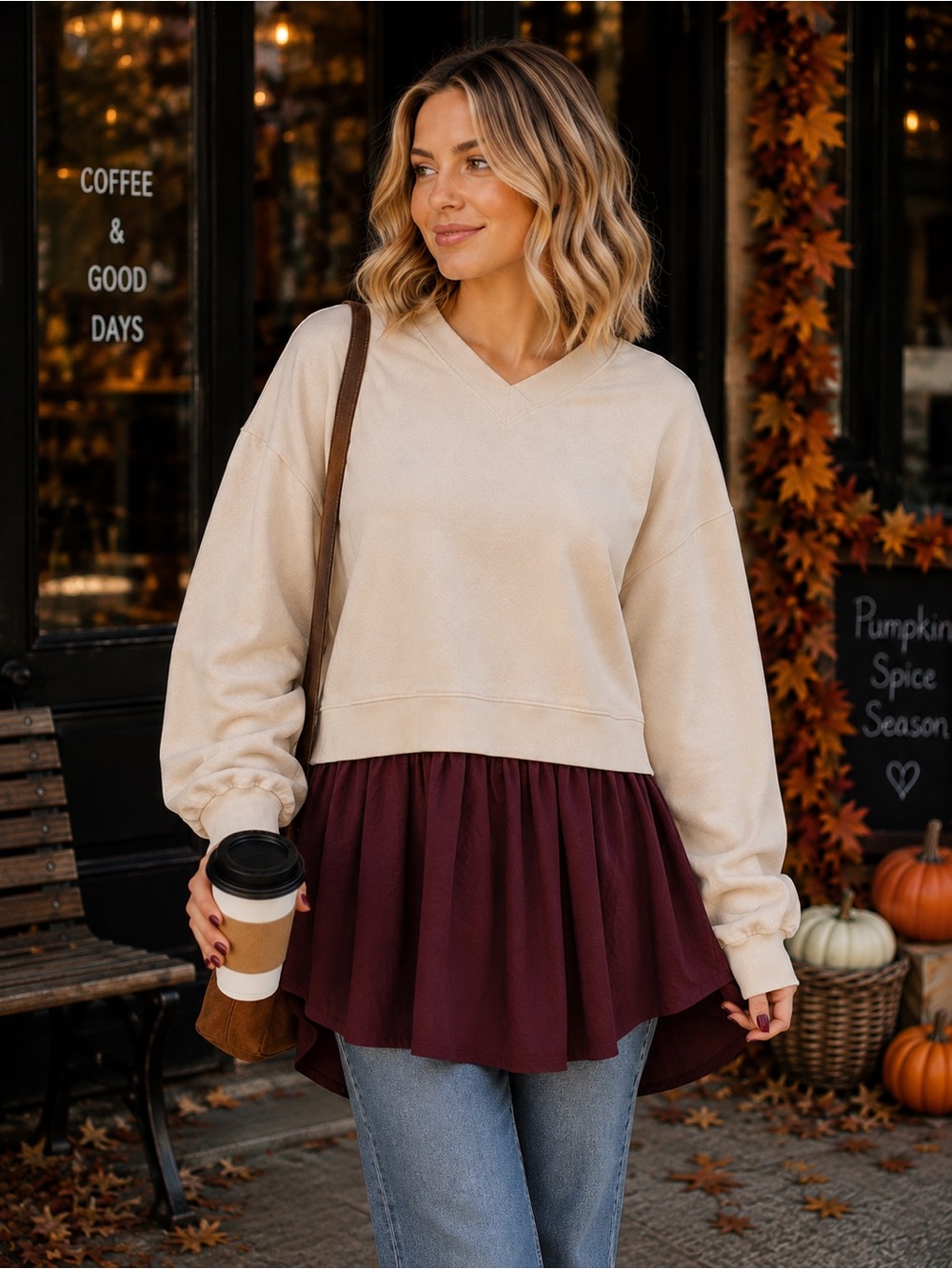 Women's Cream V-Neck Pullover Sweater Top